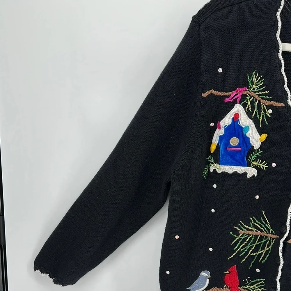VTG Studio Black Christmas‎ Cardigan with Festive Cardinal Design Sz 1X